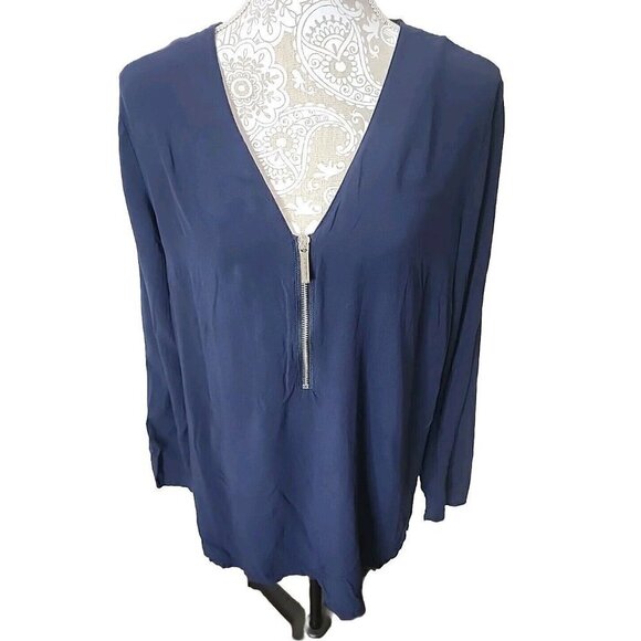 Michael Michael Kors Blue Long Sleeve Zip Up V Neck Tunic Top Women's Medium - Picture 1 of 8